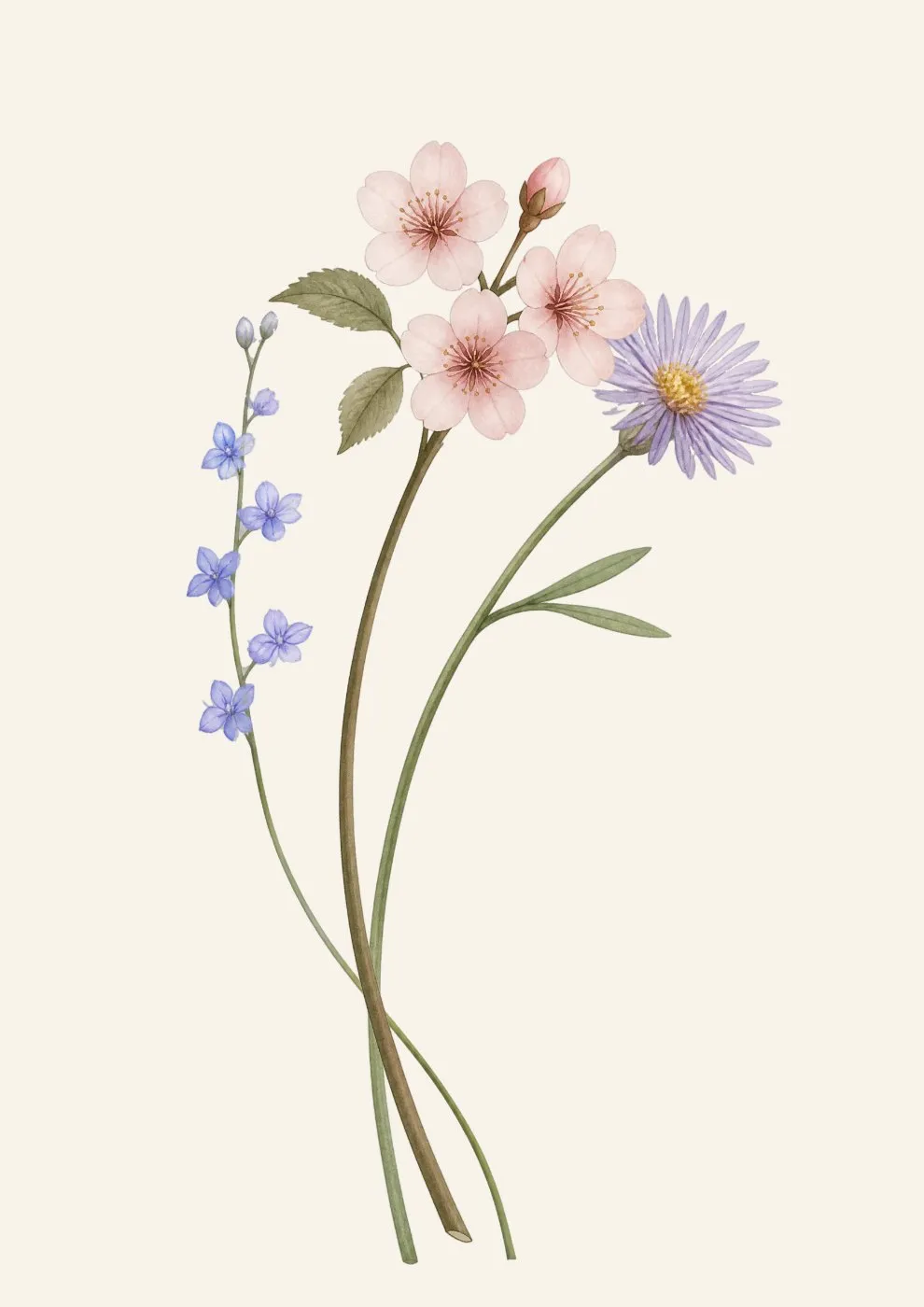 Detail van een bloemenportret: de geboortebloemen in waterverf, met gekruiste stelen