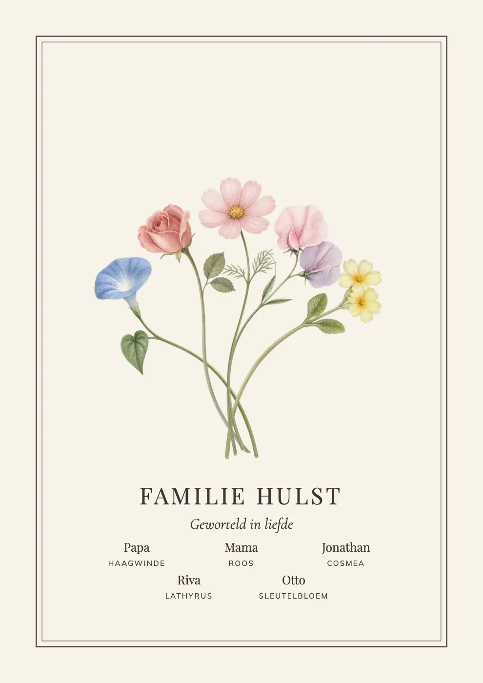 Bloemenportret: Vijf bloemen · hoofdletters · dubbel kader