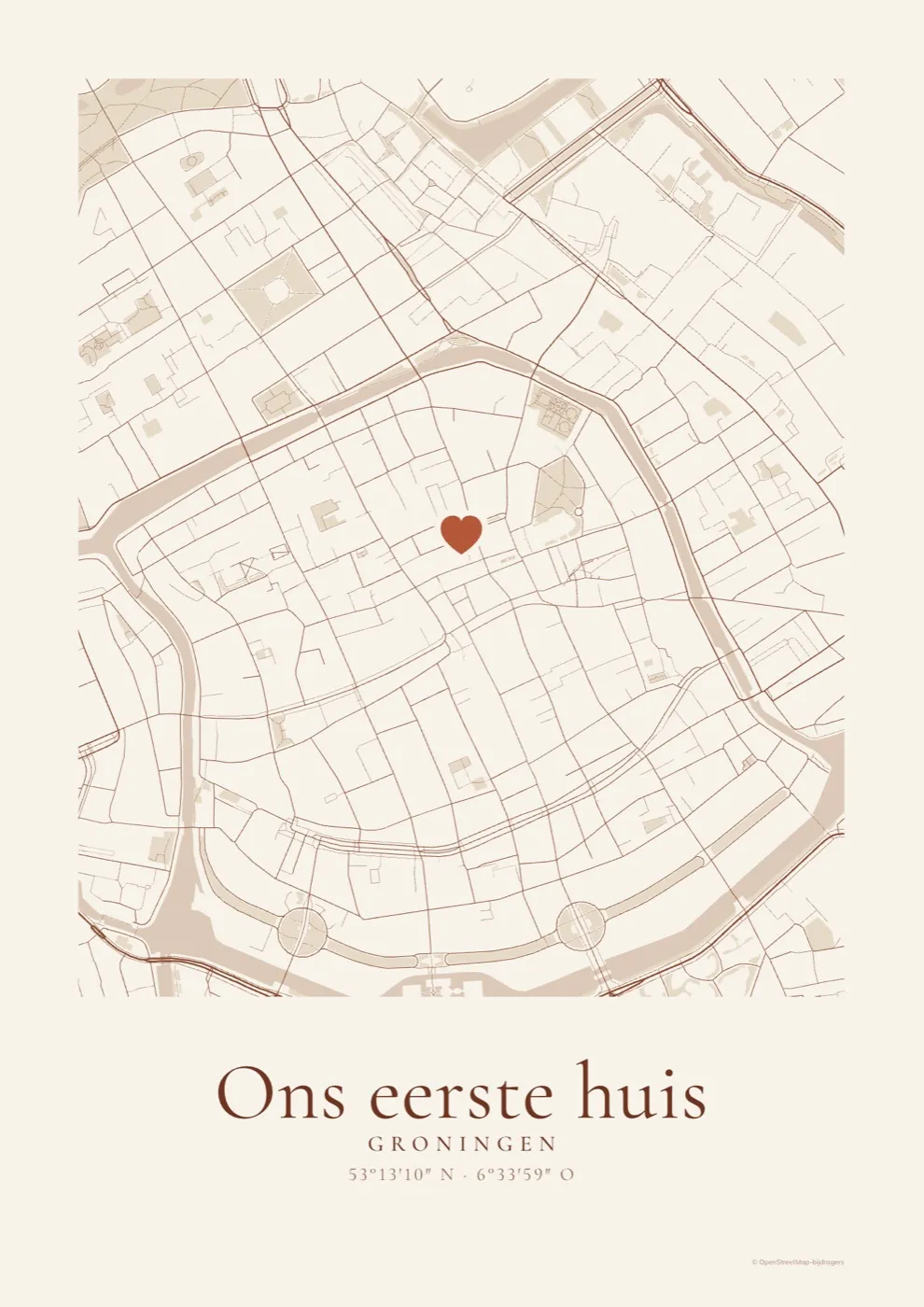 Stadsportret van Groningen met een hartje op het huis en de tekst Ons eerste huis