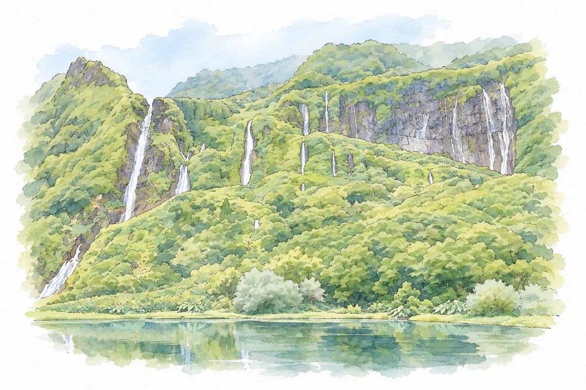 Dezelfde watervallen als tekening in pen en waterverf