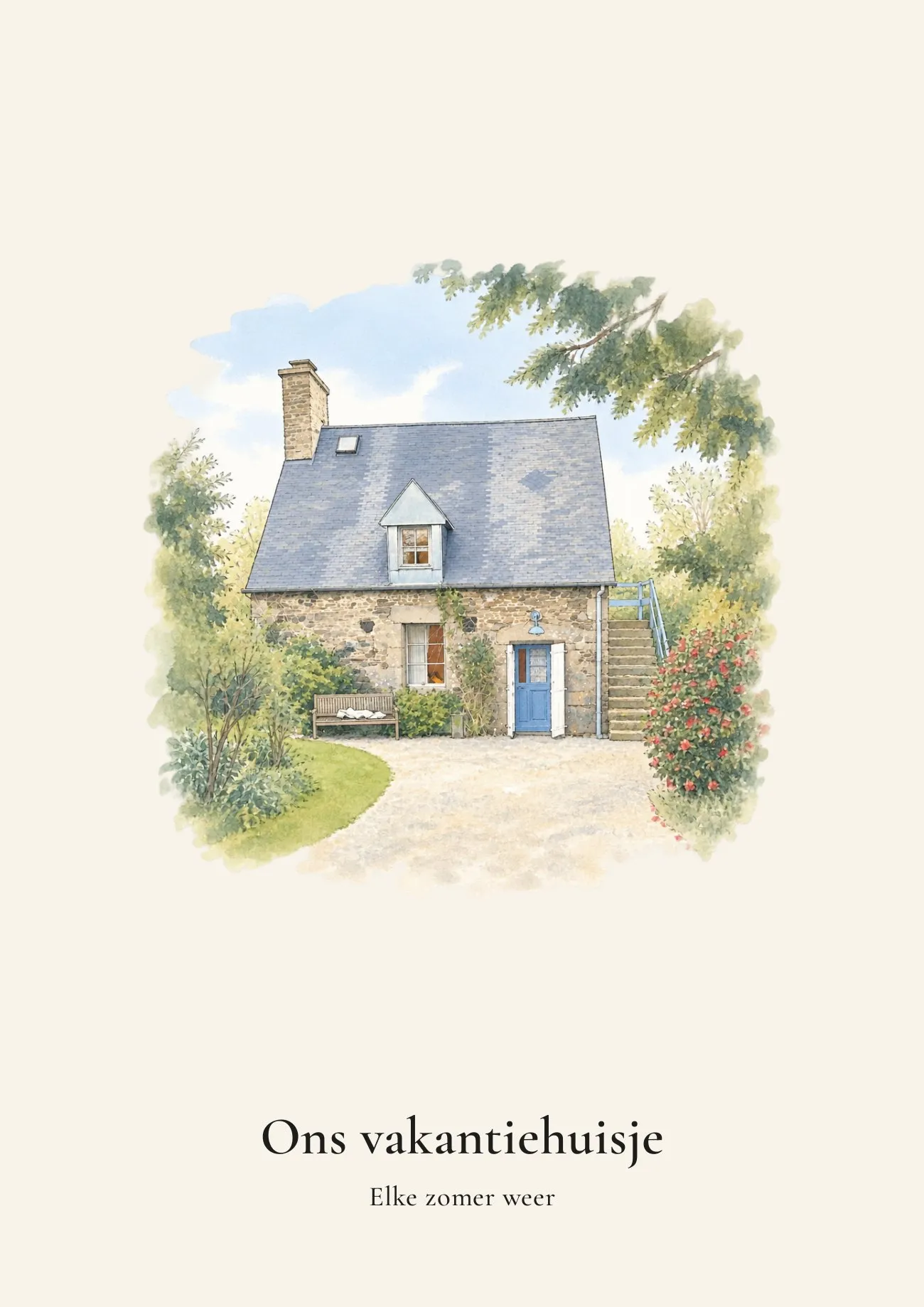 Waterverftekening van een stenen vakantiehuisje met een blauwe deur, met de tekst Ons vakantiehuisje