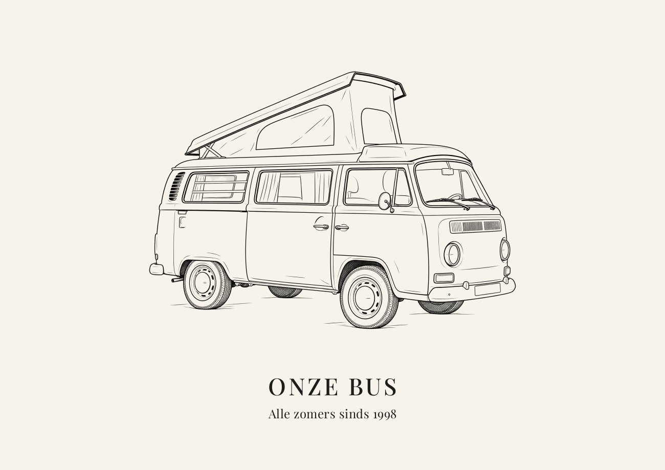 Lijntekening van een camper met de tekst Onze bus, alle zomers sinds 1998, in een zwarte lijst met passe-partout