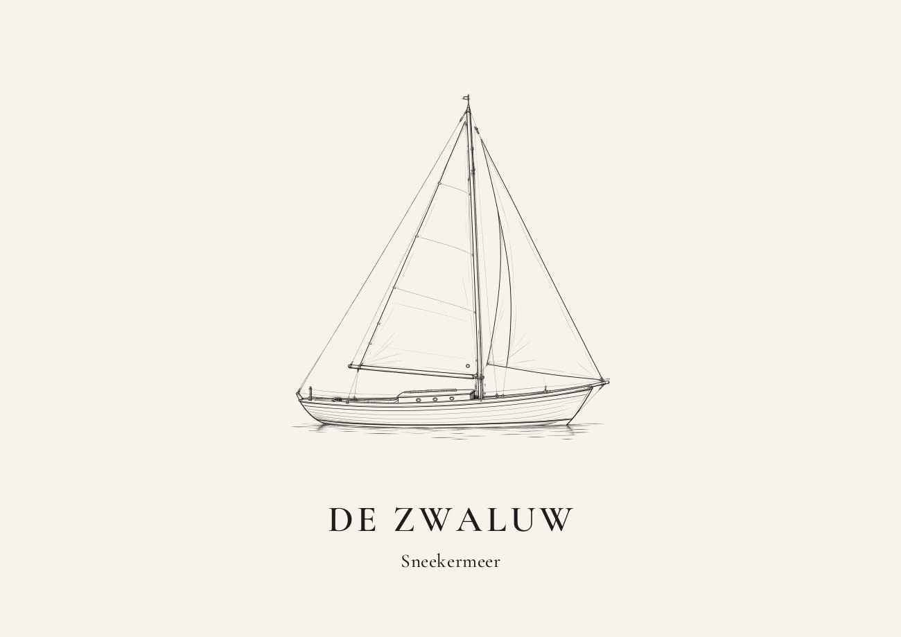 Voertuigportret van een houten zeilboot met de tekst De Zwaluw, Sneekermeer