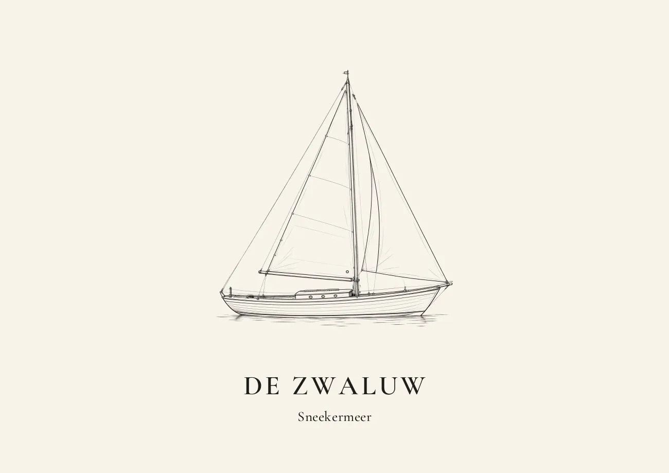 Voertuigportret van een houten zeilboot met de tekst De Zwaluw, Sneekermeer