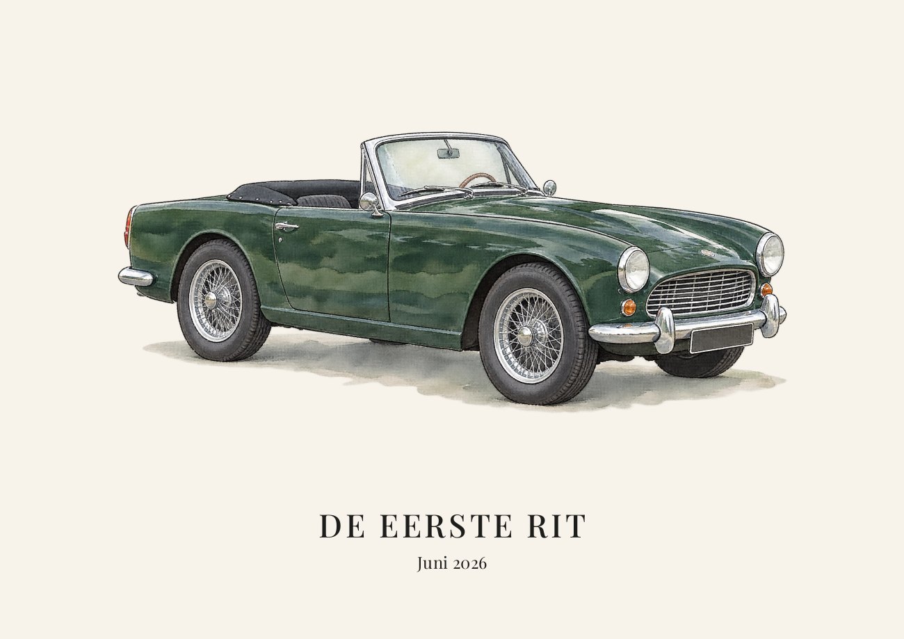 Voertuigportret in waterverf van een groene cabriolet met de tekst De eerste rit