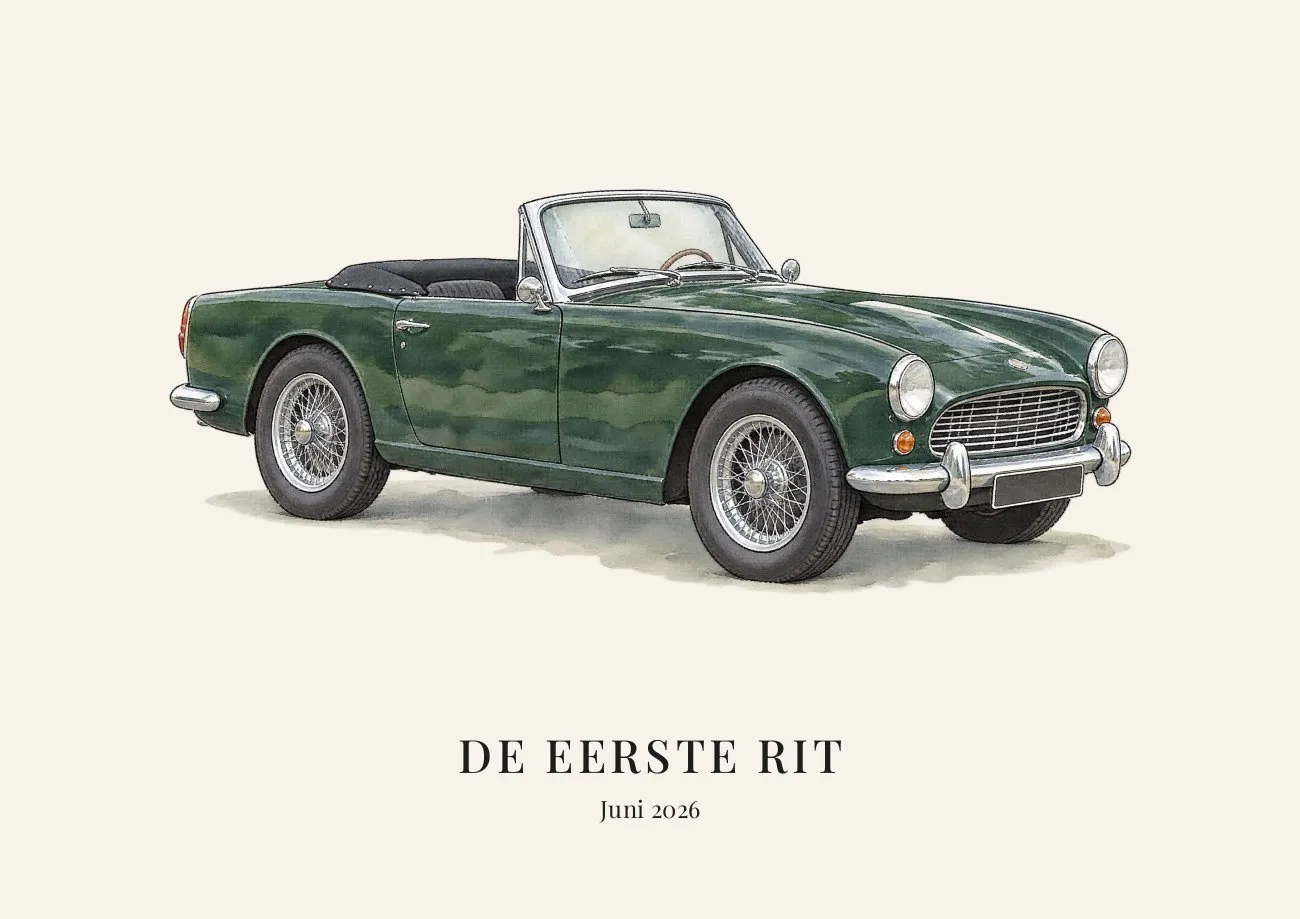Voertuigportret in waterverf van een groene cabriolet met de tekst De eerste rit