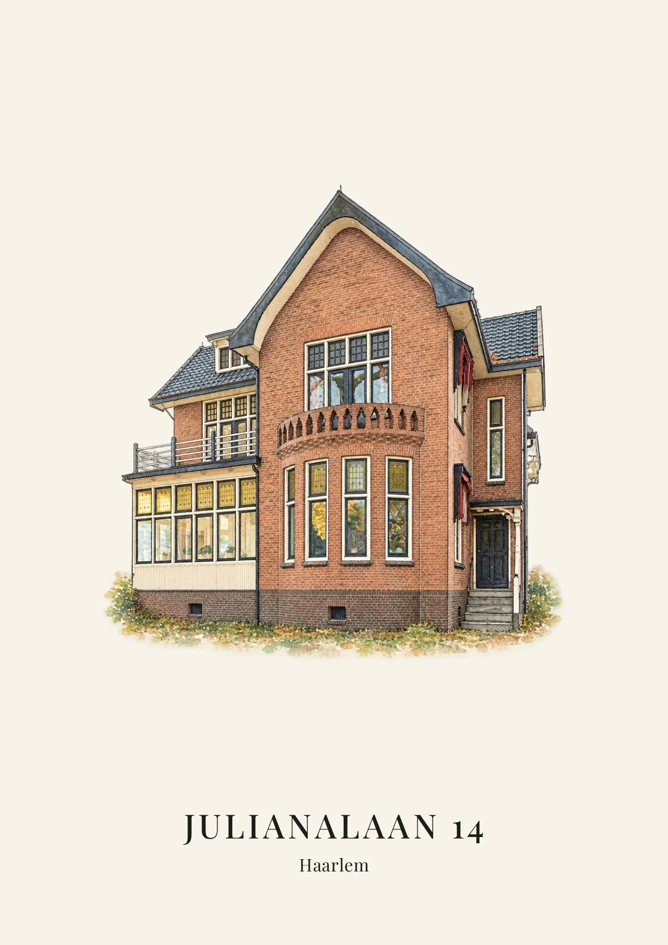 Waterverftekening van een huis met de tekst Julianalaan 14, Haarlem