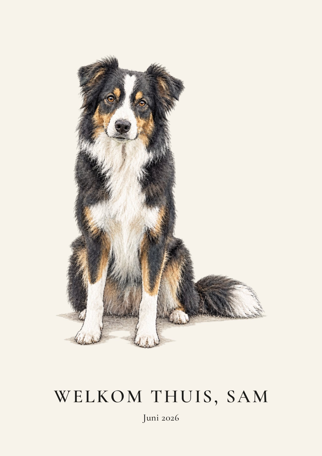 Huisdierportret in waterverf van een hond met de tekst Welkom thuis, Sam
