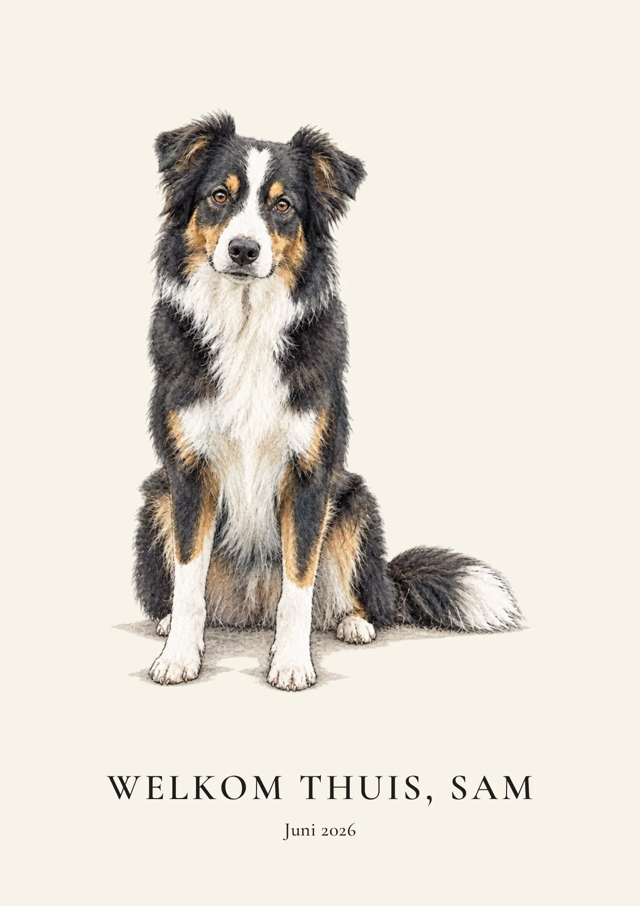 Huisdierportret in waterverf van een hond met de tekst Welkom thuis, Sam