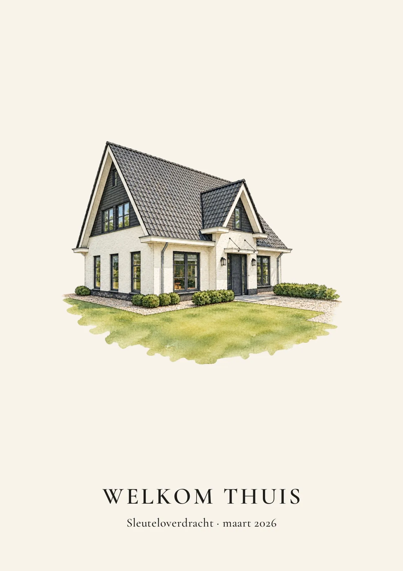 Waterverftekening van een vrijstaand huis met de tekst Welkom thuis, sleuteloverdracht maart 2026, in een zwarte lijst met passe-partout
