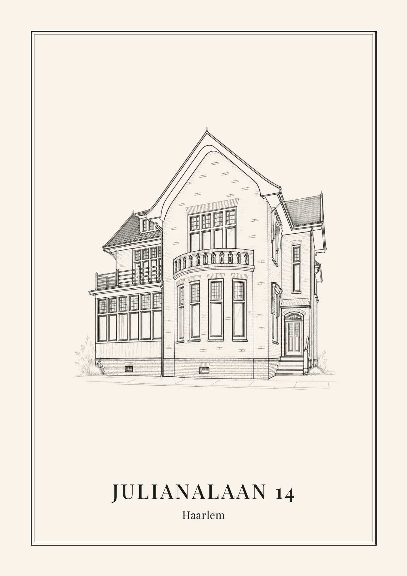 Lijntekening van een huis met de tekst Julianalaan 14, Haarlem, in een zwarte lijst met passe-partout