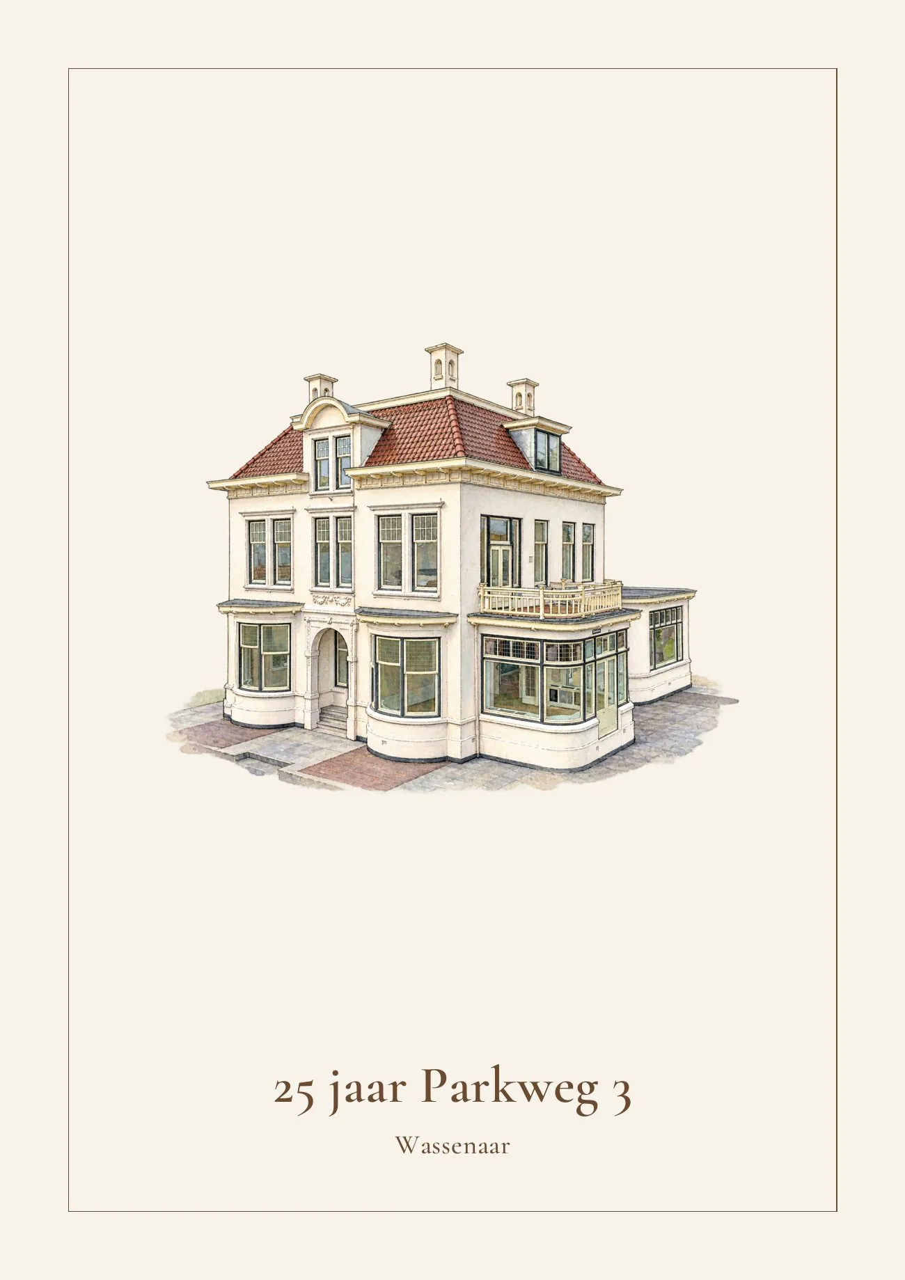 Waterverftekening van een villa met de tekst 25 jaar Parkweg 3, Wassenaar, in een zwarte lijst met passe-partout