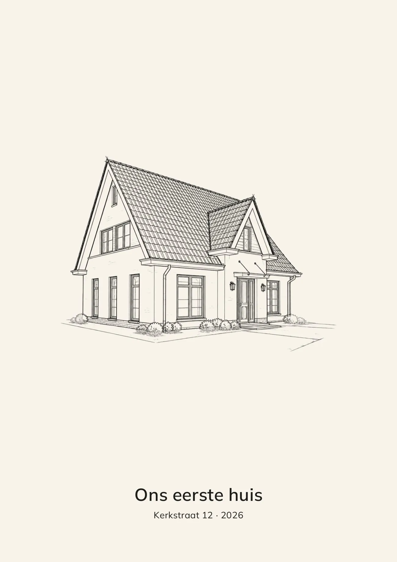 Lijntekening van een vrijstaand huis met de tekst Ons eerste huis, Kerkstraat 12