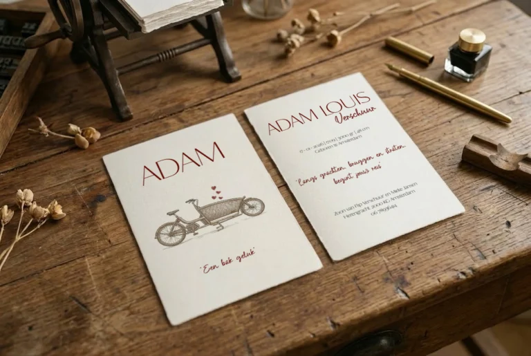 Geboortekaartje Adam op handgeschept papier: voorkant met een bakfiets, binnenkant met de geboortegegevens