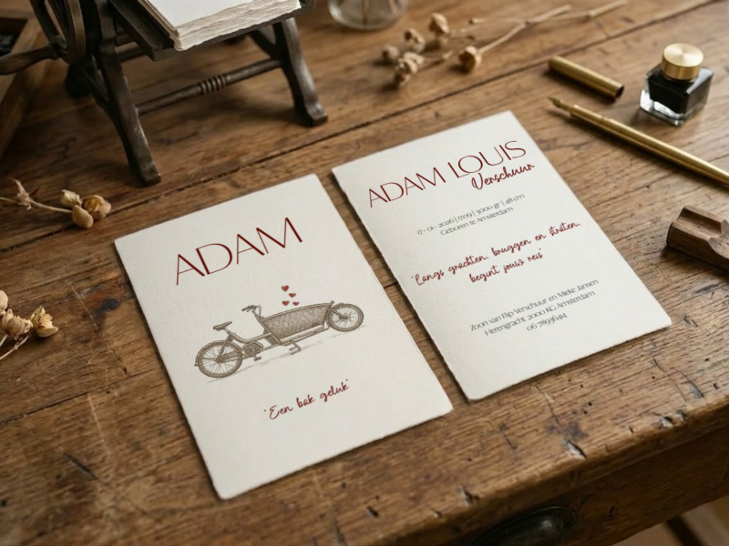 Geboortekaartje Adam op handgeschept papier: voorkant met een bakfiets, binnenkant met de geboortegegevens