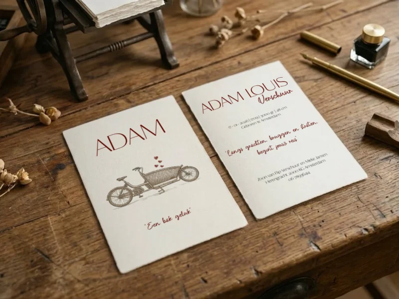 Geboortekaartje Adam op handgeschept papier: voorkant met een bakfiets, binnenkant met de geboortegegevens