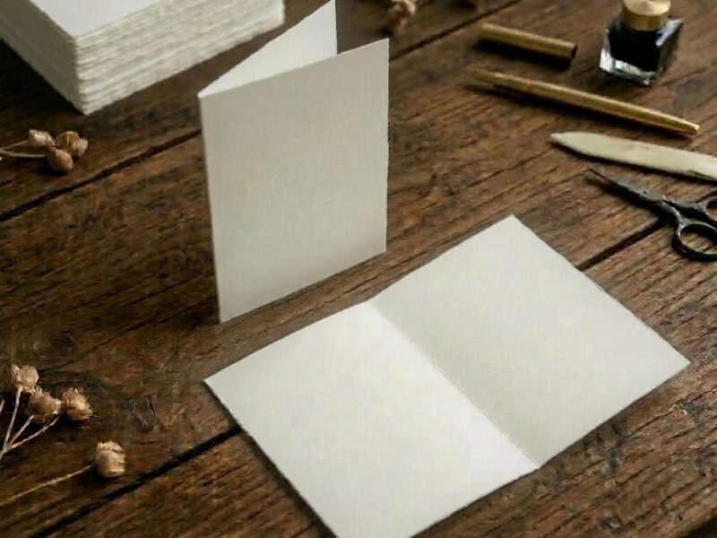Blanco gevouwen kaarten van handgeschept papier op een houten tafel, met inktpot en pen