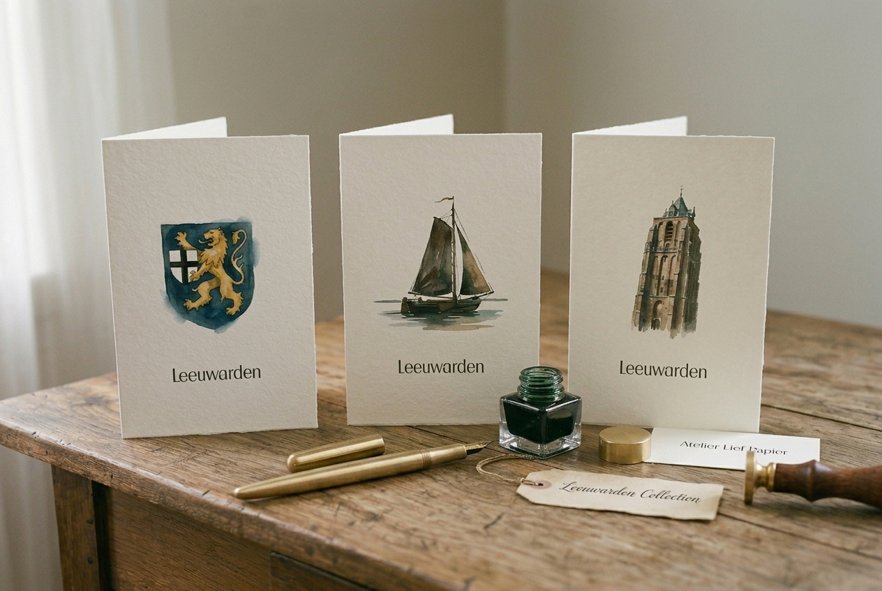 Prachtige handgemaakte wenskaartjes met Leeuwarder iconen. Een echt klassiek cadeau, klaar voor een lieve boodschap.