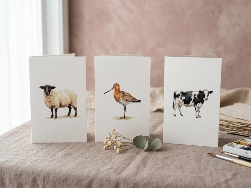 Fine art wenskaart met aquarelillustratie van [schaap/koe/grutto] in het Nederlandse polderlandschap, gedrukt op handgeschept Oud Hollands papier.