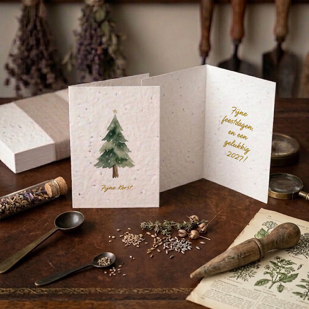 Aanpasbare kerstkaart op groeipapier met aquarel kerstboom