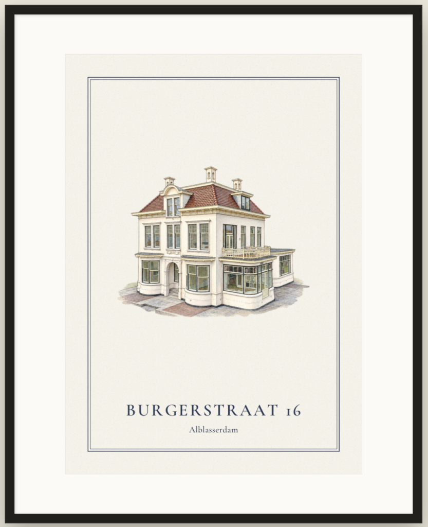 Ingelijst huisportret als lijntekening met waterverf, met passe-partout en de straatnaam eronder