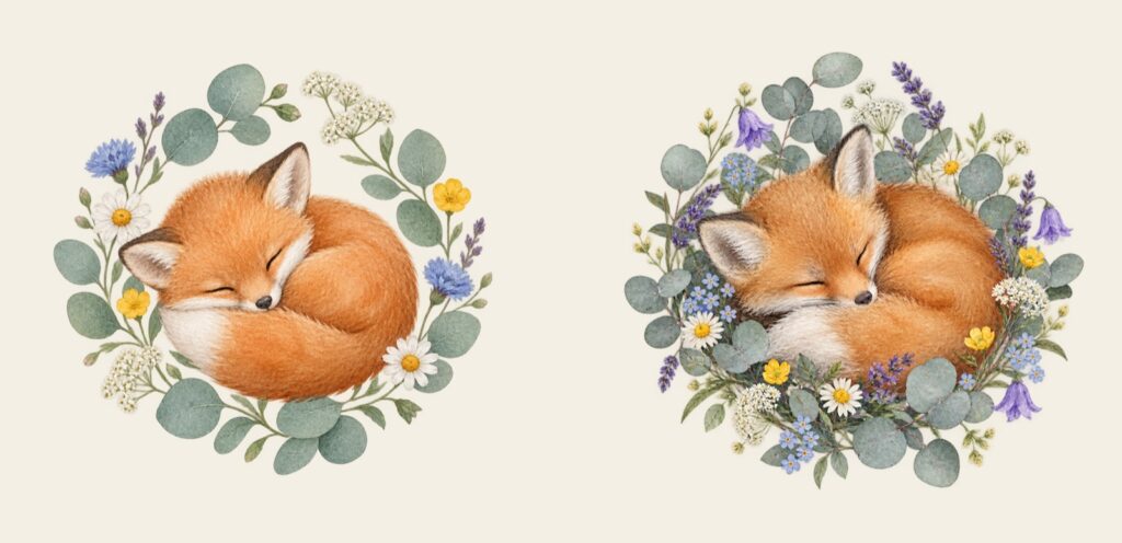 Twee verschillende varianten van dezelfde omschrijving: een slapend vosje in een krans van veldbloemen, in waterverfstijl