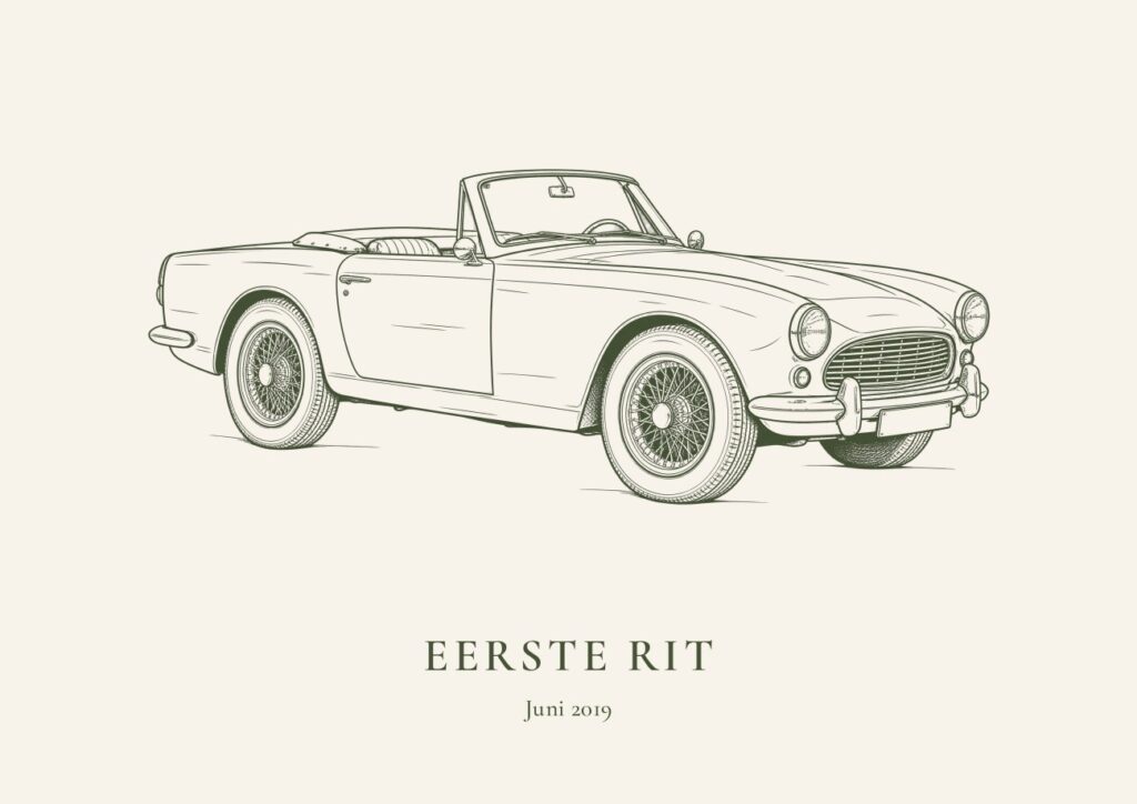Lijntekening van een klassieke cabriolet met de tekst Eerste rit, juni 2019, op handgeschept papier