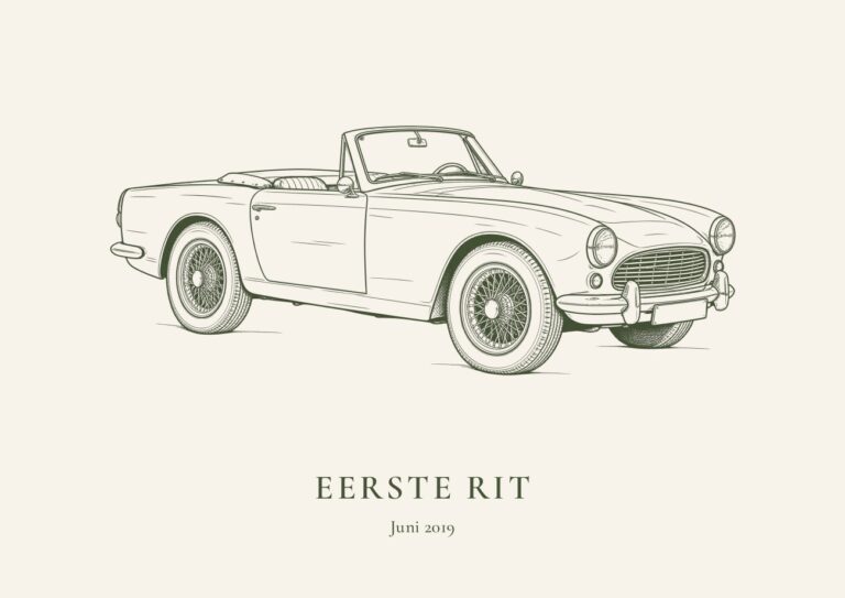 Lijntekening van een klassieke cabriolet met de tekst Eerste rit, juni 2019, op handgeschept papier