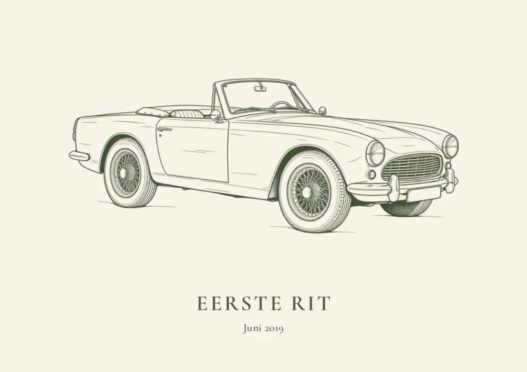 Lijntekening van een klassieke cabriolet met de tekst Eerste rit, juni 2019, op geschept papier