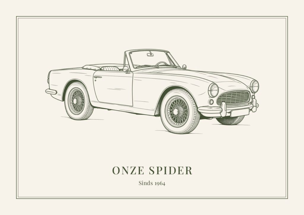 Lijntekening van een klassieke cabriolet in donkergroen met dubbel kader en de tekst Onze spider, sinds 1964