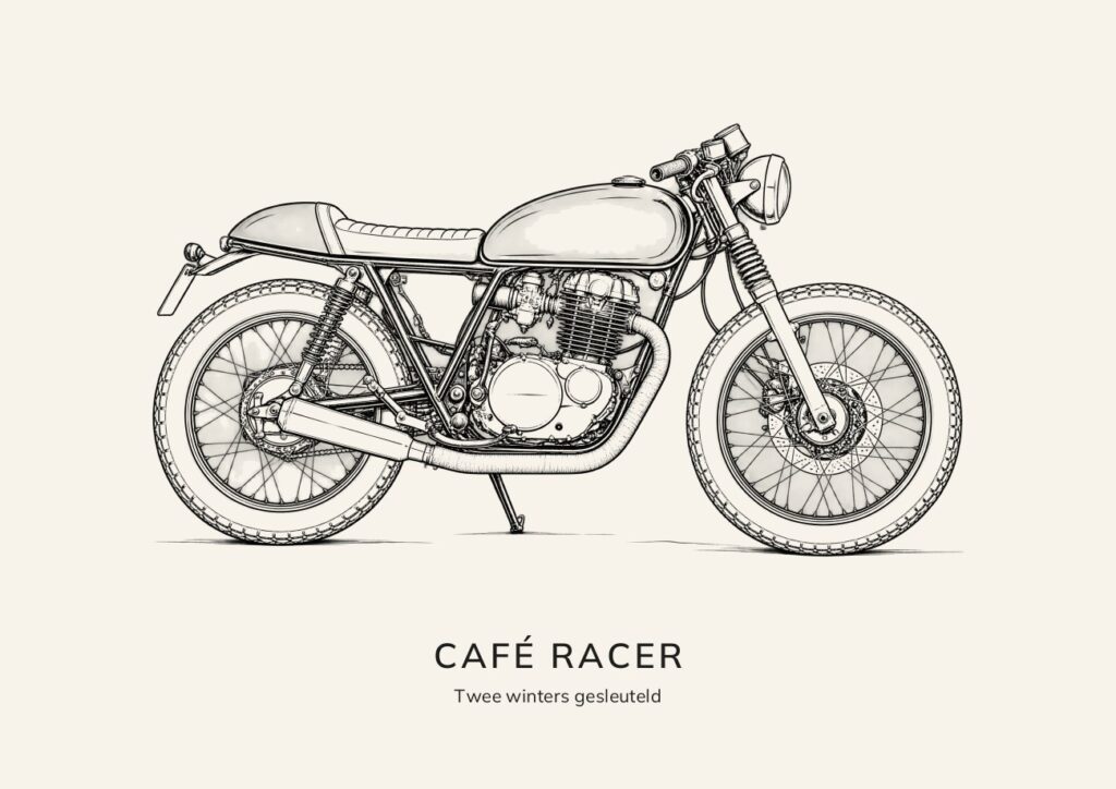 Lijntekening van een café racer-motor met de tekst Café racer, twee winters gesleuteld