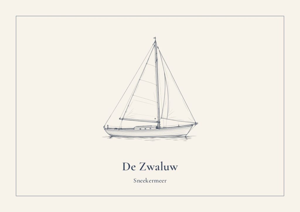Lijntekening van een houten zeilboot in nachtblauw met de tekst De Zwaluw, Sneekermeer