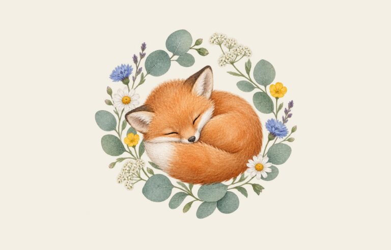 Waterverf-illustratie van een slapend vosje in een krans van veldbloemen en eucalyptus, gemaakt met de AI-illustratie in de ontwerptool van Atelier Lief Papier