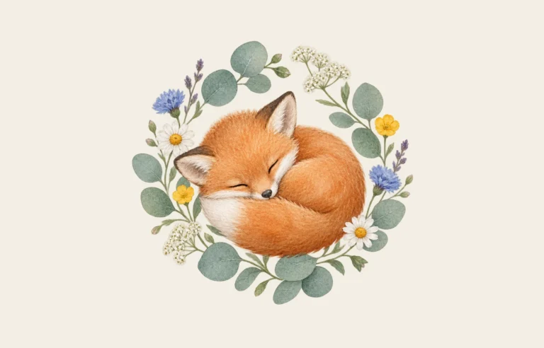 Waterverf-illustratie van een slapend vosje in een krans van veldbloemen en eucalyptus, gemaakt met de AI-illustratie in de ontwerptool van Atelier Lief Papier