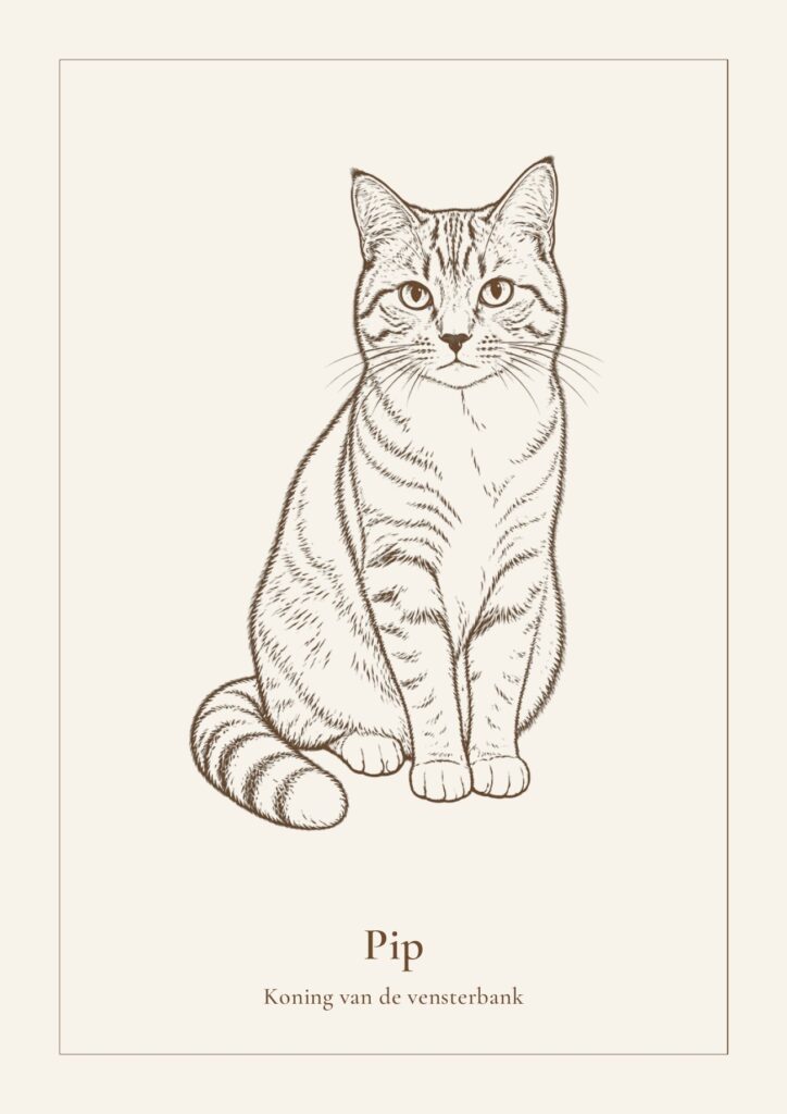 Lijntekening van een kat in sepia met de tekst Pip, koning van de vensterbank