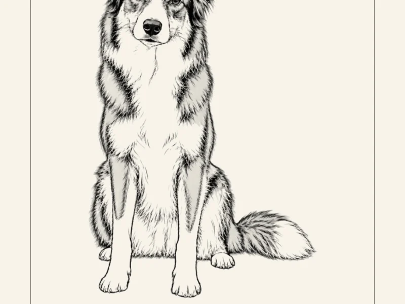Huisdierportret: lijntekening van een border collie met de tekst Bo, onze beste vriend
