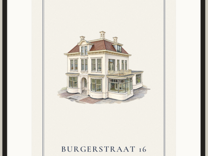 Ingelijst huisportret als lijntekening met waterverf, met passe-partout en de straatnaam eronder