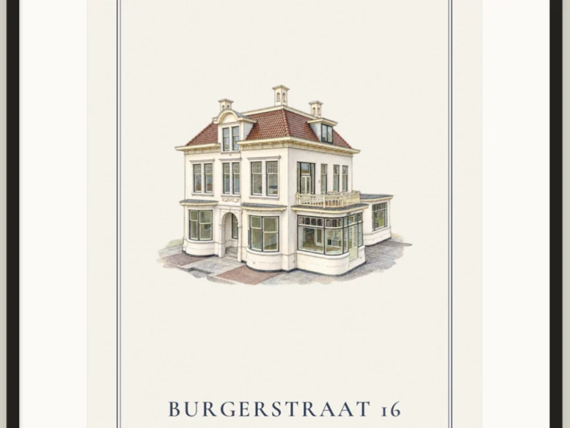 Ingelijst huisportret als lijntekening met waterverf, met passe-partout en de straatnaam eronder