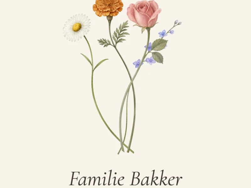 Bloemenportret: een boeket van vier geboortebloemen met de namen van het gezin eronder, op geschept papier