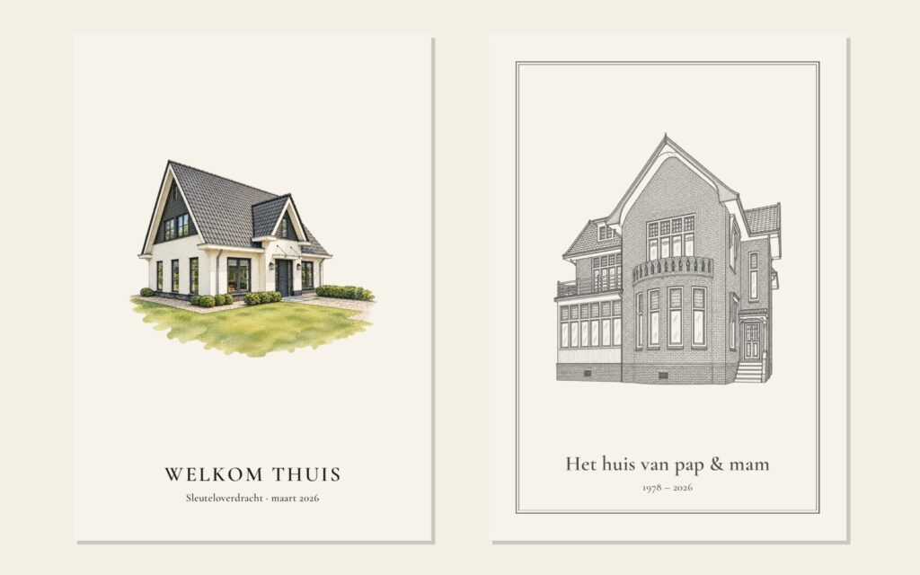 Twee tekeningen van huizen als cadeau van de makelaar: Welkom thuis voor de koper en Het huis van pap en mam voor de verkoper