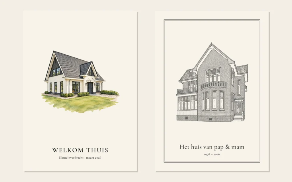 Twee tekeningen van huizen als cadeau van de makelaar: Welkom thuis voor de koper en Het huis van pap en mam voor de verkoper