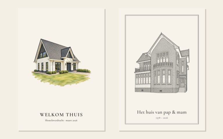 Twee tekeningen van huizen als cadeau van de makelaar: Welkom thuis voor de koper en Het huis van pap en mam voor de verkoper