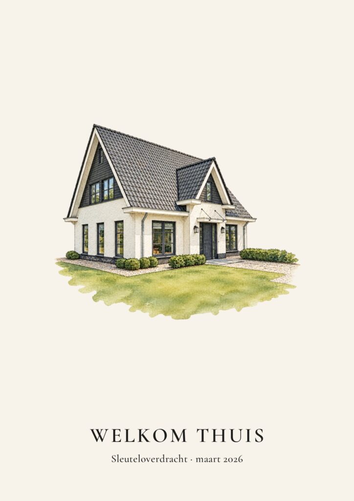 Waterverftekening van een vrijstaand huis met de tekst Welkom thuis, sleuteloverdracht maart 2026