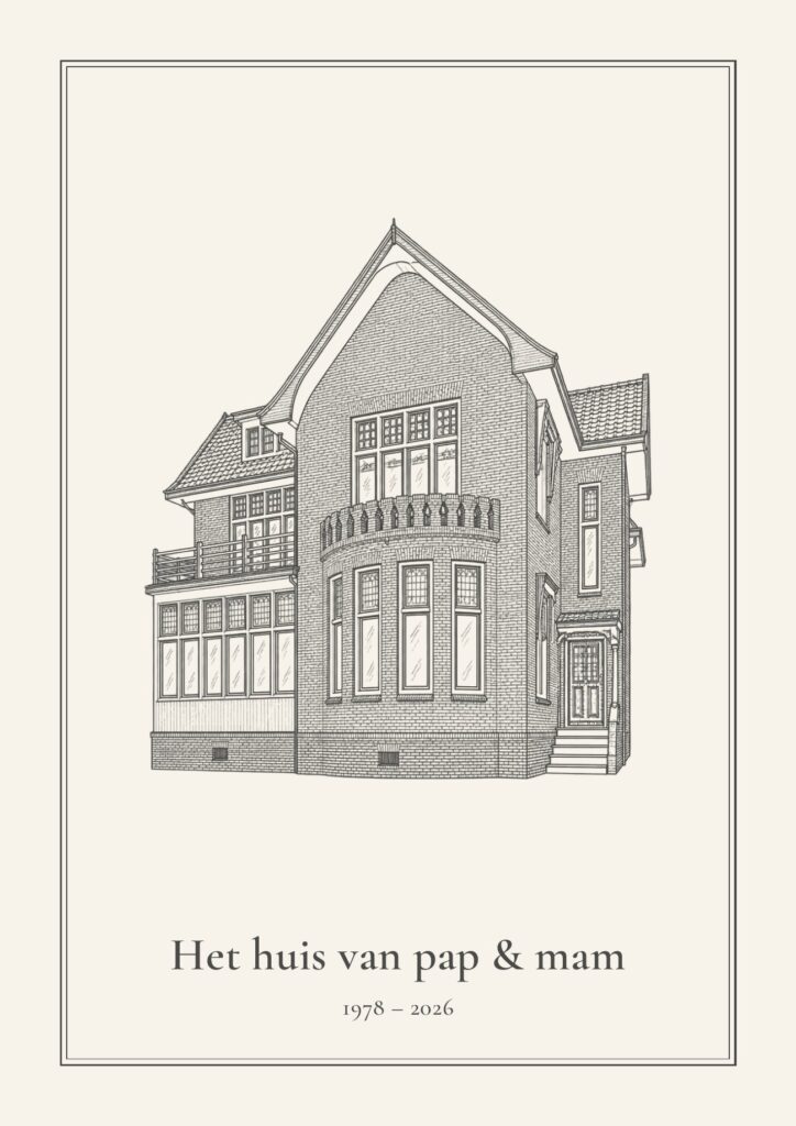 Lijntekening van een vrijstaand huis met de tekst Het huis van pap en mam, 1978 tot 2026