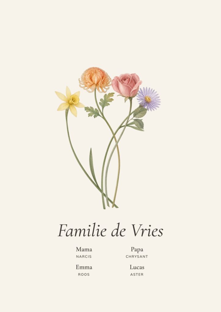 Bloemenportret met de geboortebloemen van een gezin van vier: narcis, chrysant, roos en aster, met de namen eronder