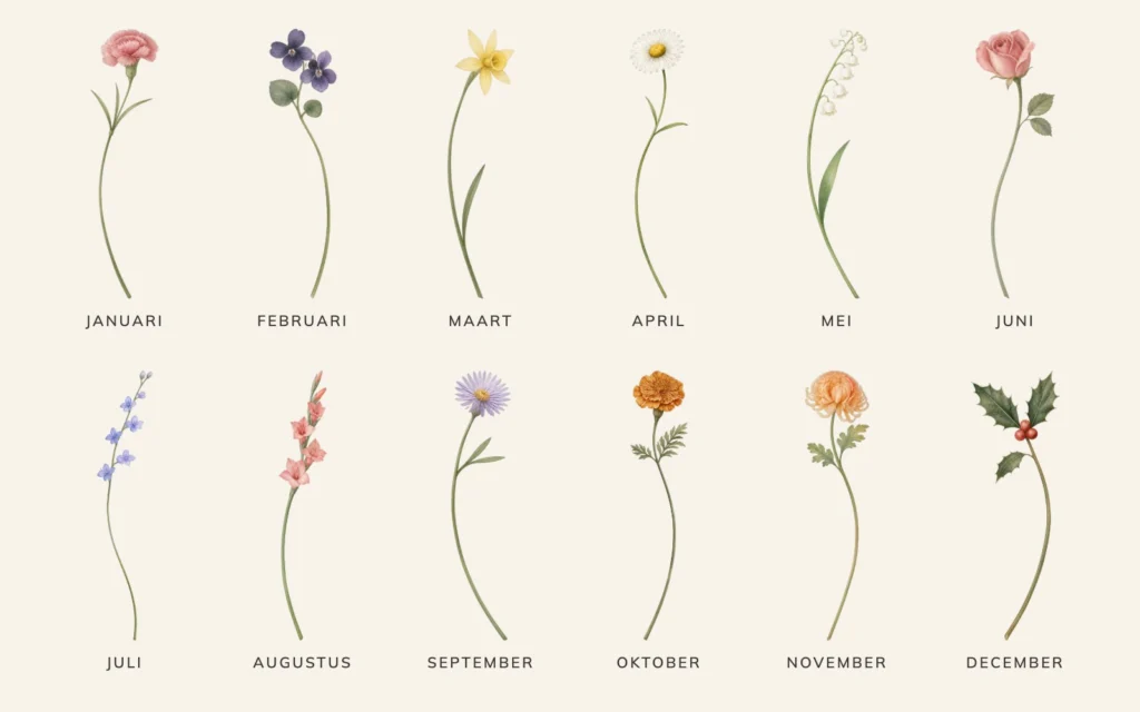 De twaalf geboortebloemen per maand in waterverf: anjer, viooltje, narcis, madeliefje, lelietje-van-dalen, roos, ridderspoor, gladiool, aster, goudsbloem, chrysant en hulst