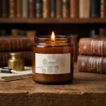 Herinneringskaarsje in amberkleurig glas met etiket "Een lichtje voor Linde" en eucalyptusblaadjes