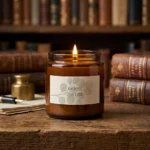 Herinneringskaarsje in amberkleurig glas met etiket "Een lichtje voor Linde" en eucalyptusblaadjes