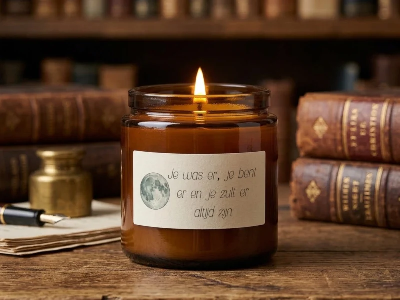 Herinneringskaarsje in amberkleurig glas met een volle maan en de tekst "Je was er, je bent er en je zult er altijd zijn"
