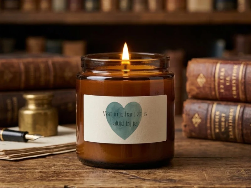 Kaarsje in amberkleurig glas met etiket "Wat in je hart zit is altijd bij je" en een blauw hartje
